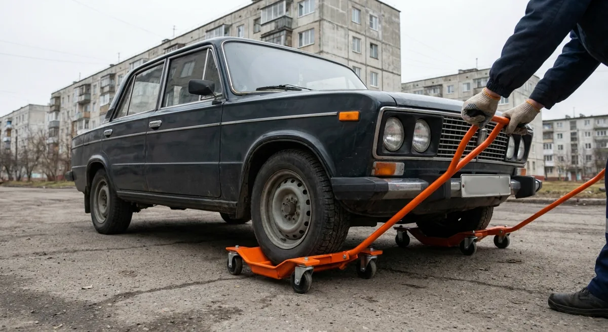 Подкатные тележки под колесом автомобиля